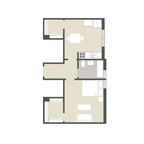 Floor plan for 1 bed, 1 bath, 719 sqft